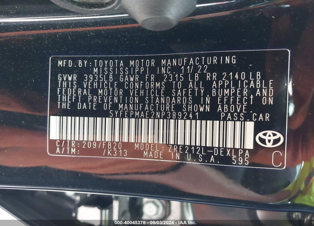2022 TOYOTA COROLLA LE VIN: 5YFEPMAE2NP389241