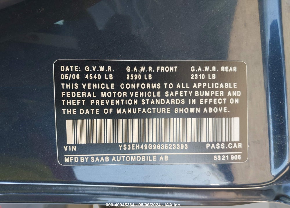 2006 SAAB 9-5 2.3T SPORT VIN: YS3EH49G963523393