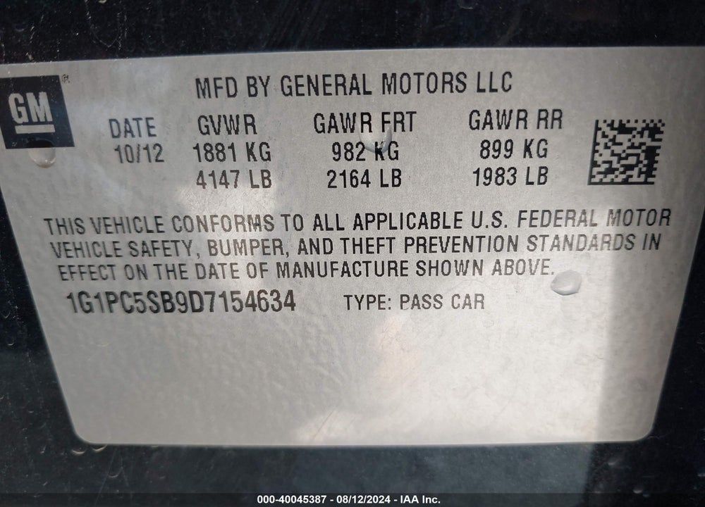 2013 CHEVROLET CRUZE 1LT AUTO VIN: 1G1PC5SB9D7154634