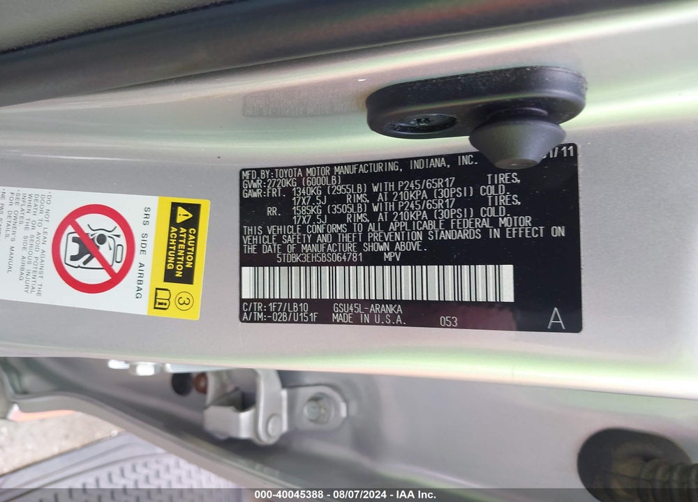 2011 TOYOTA HIGHLANDER SE V6 VIN: 5TDBK3EH5BS064781