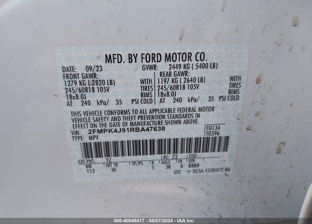 2024 FORD EDGE SEL VIN: 2FMPK4J91RBA47638