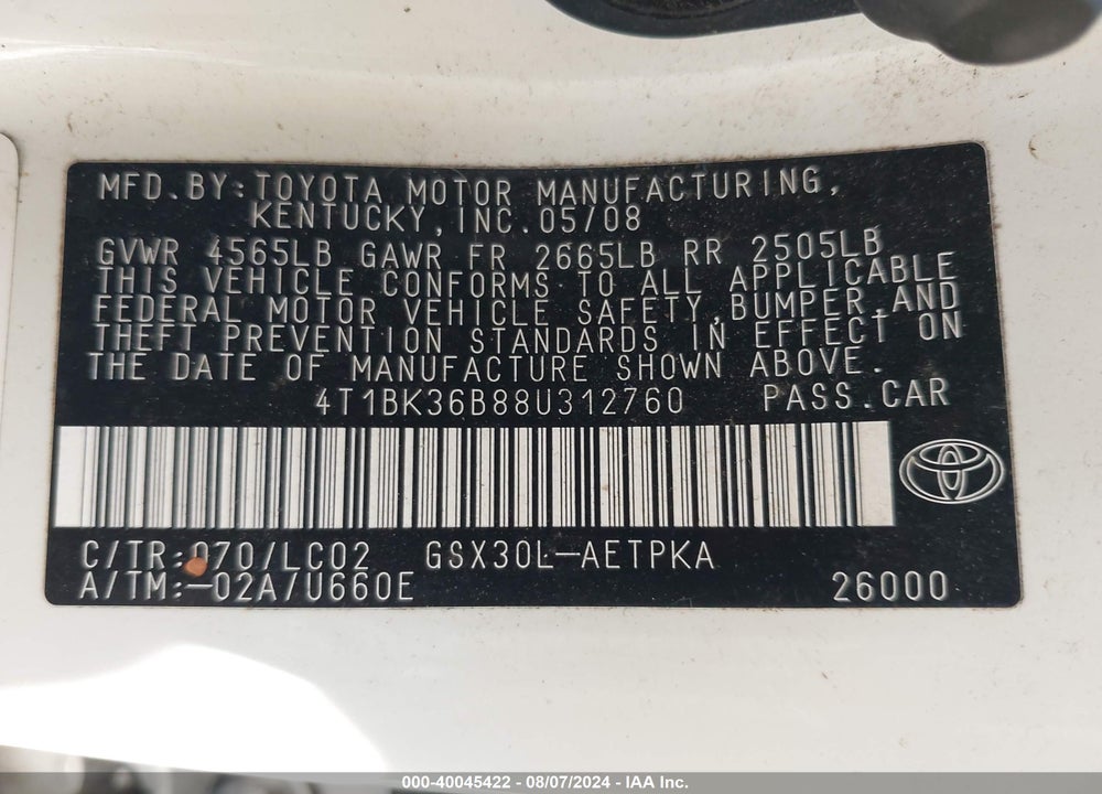 2008 TOYOTA AVALON LIMITED VIN: 4T1BK36B88U312760
