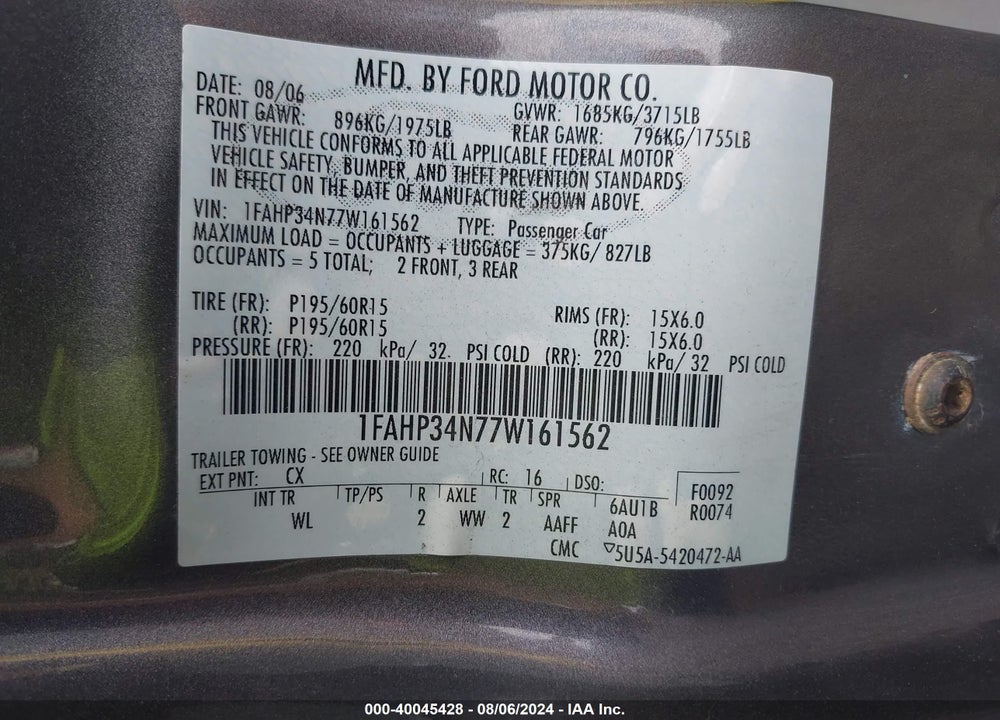 2007 FORD FOCUS S/SE/SES VIN: 1FAHP34N77W161562
