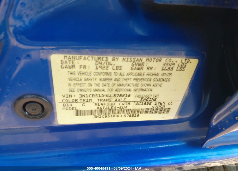 2006 NISSAN SENTRA 1.8S VIN: 3N1CB51D46L578218