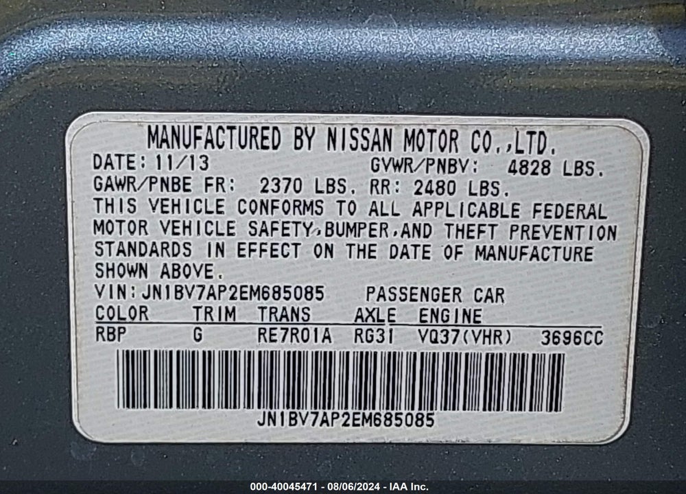 2014 INFINITI Q50 PREMIUM VIN: JN1BV7AP2EM685085