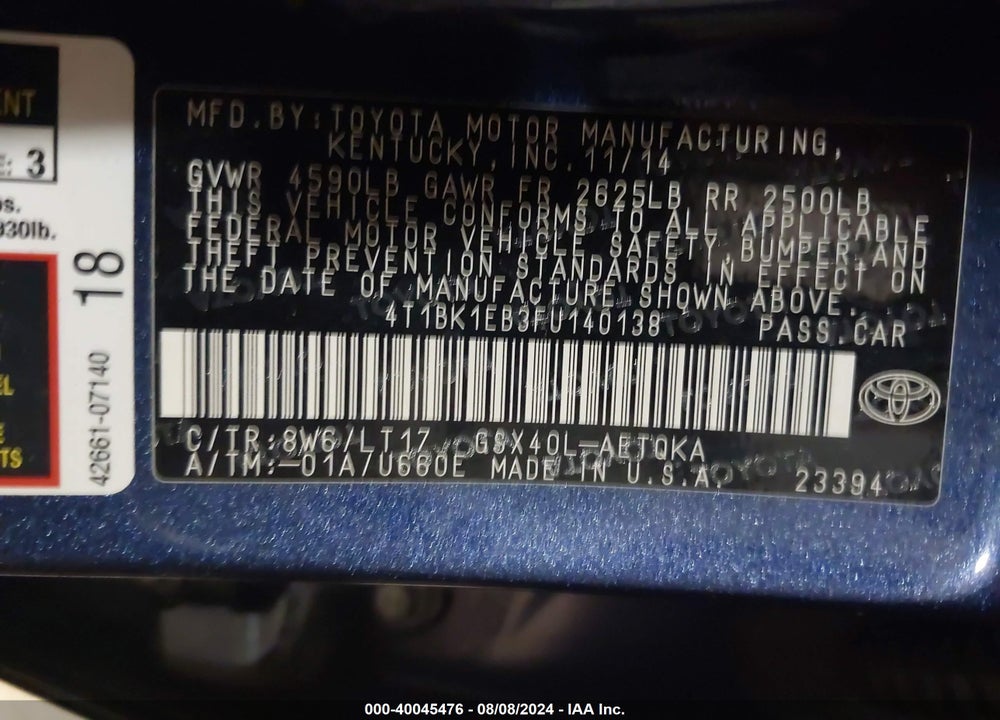 2015 TOYOTA AVALON VIN: 4T1BK1EB3FU140138
