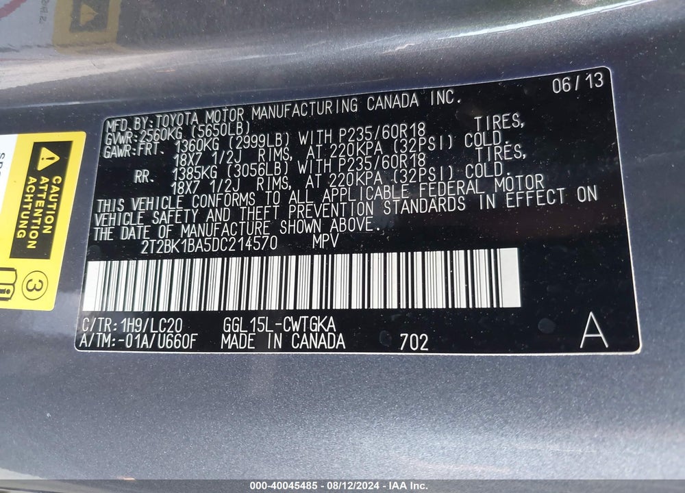 2013 LEXUS RX 350 VIN: 2T2BK1BA5DC214570
