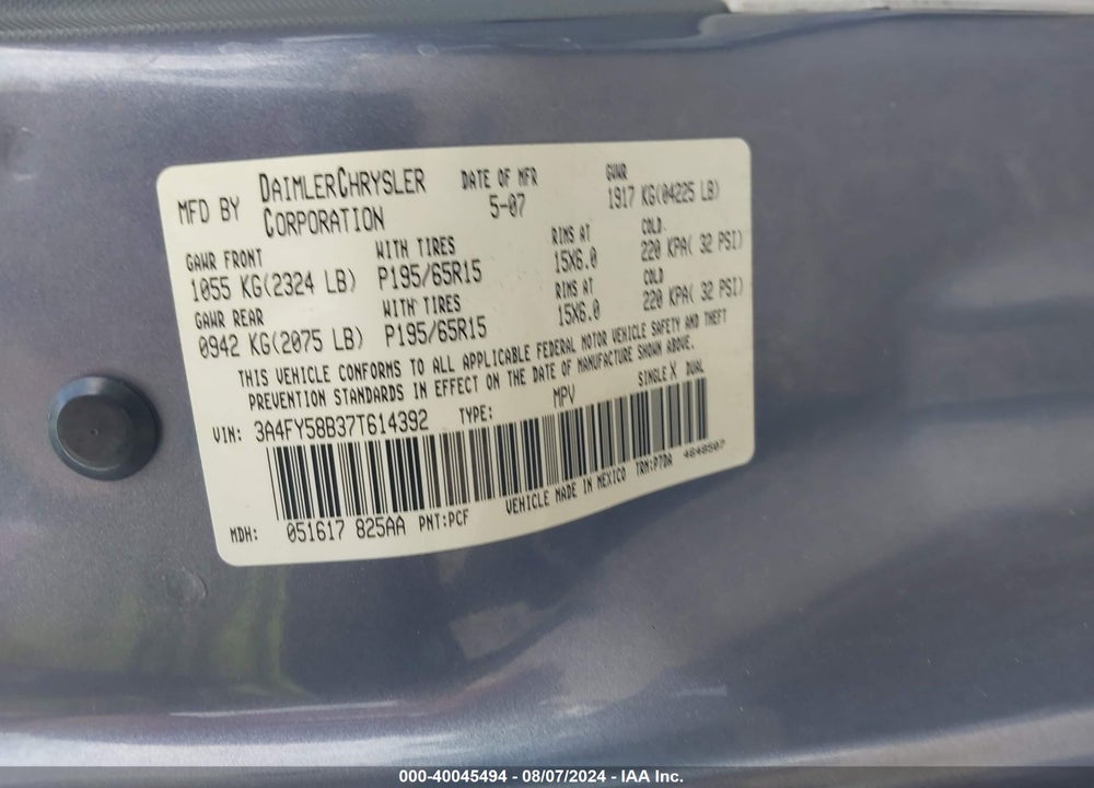 2007 CHRYSLER PT CRUISER TOURING VIN: 3A4FY58B37T614392