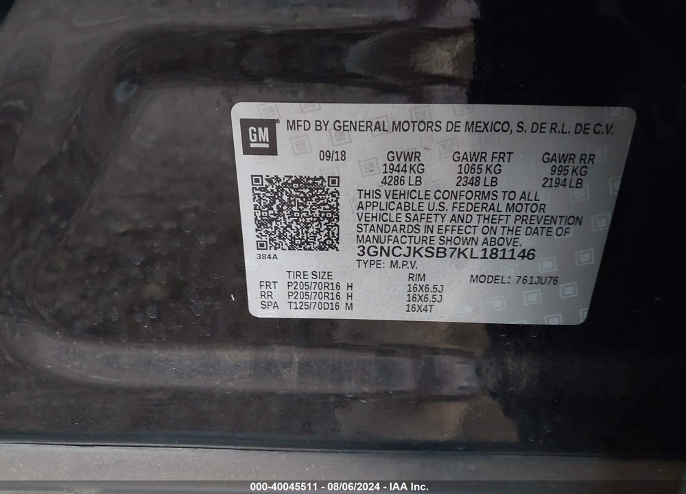 2019 CHEVROLET TRAX LS VIN: 3GNCJKSB7KL181146