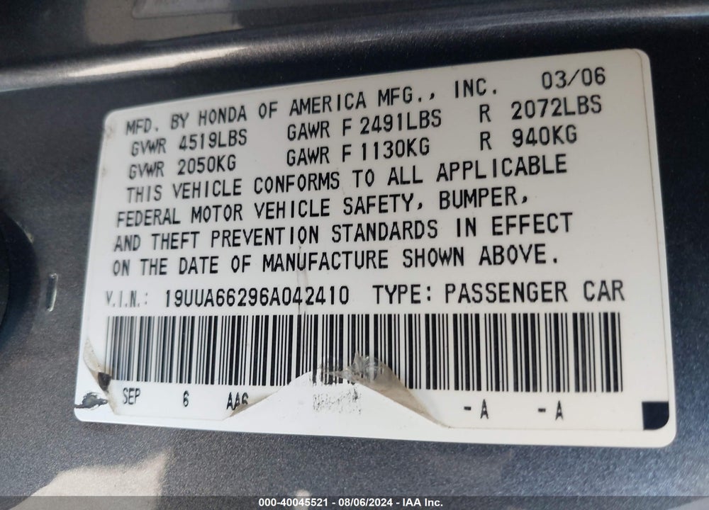 2006 ACURA TL VIN: 19UUA66296A042410
