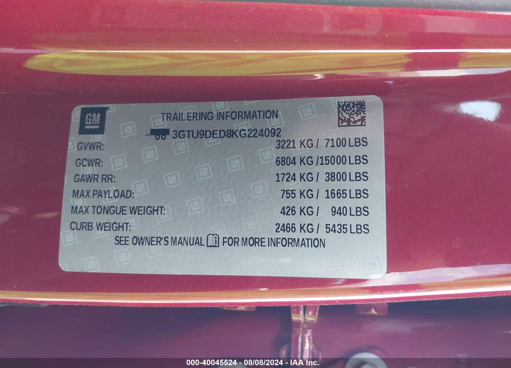 2019 GMC SIERRA 1500 SLT VIN: 3GTU9DED8KG224092