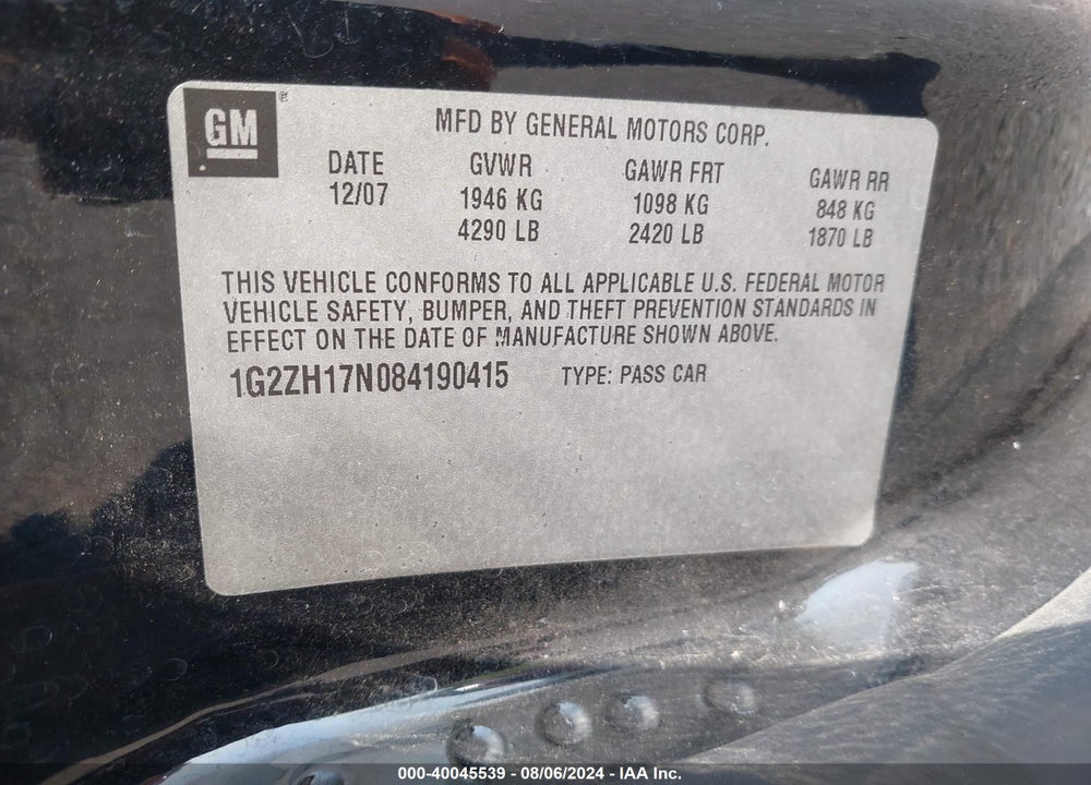 2008 PONTIAC G6 GT VIN: 1G2ZH17N084190415