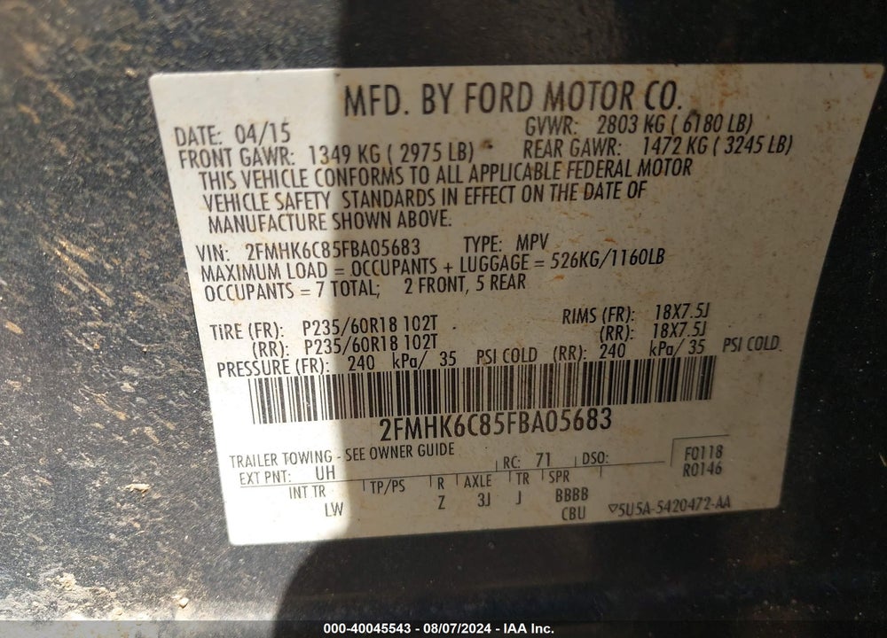 2015 FORD FLEX SEL VIN: 2FMHK6C85FBA05683