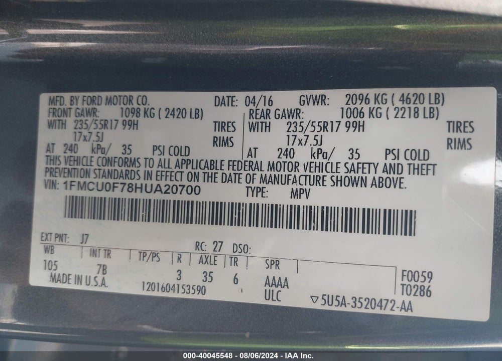 2017 FORD ESCAPE S VIN: 1FMCU0F78HUA20700