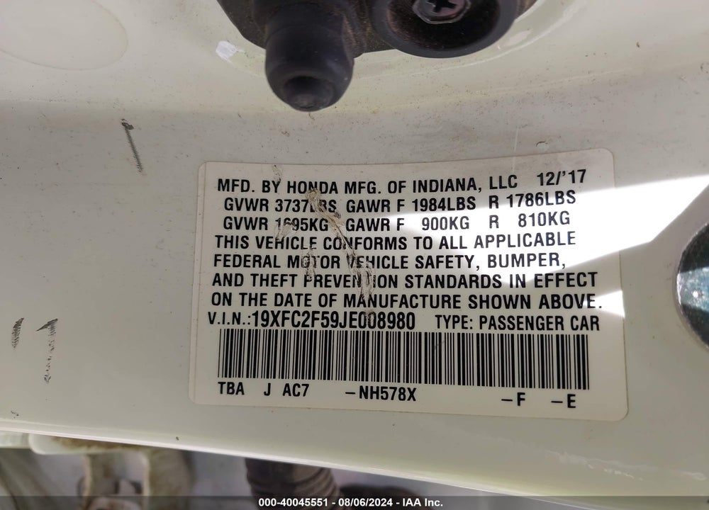 2018 HONDA CIVIC LX VIN: 19XFC2F59JE008980