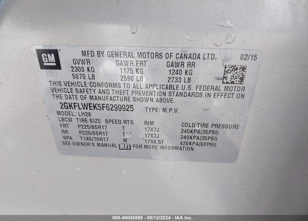 2015 GMC TERRAIN SLE-2 VIN: 2GKFLWEK5F6299925