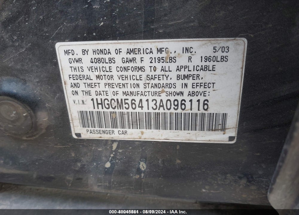 2003 HONDA ACCORD 2.4 LX VIN: 1HGCM56413A096116