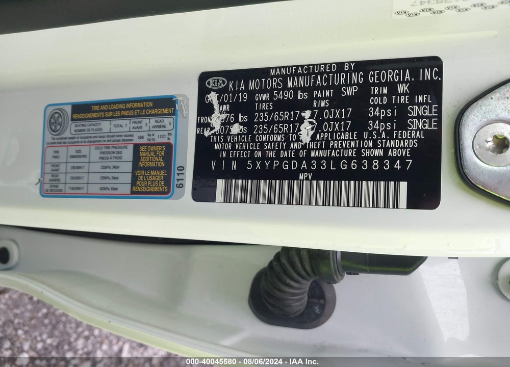 2020 KIA SORENTO 2.4L LX VIN: 5XYPGDA33LG638347