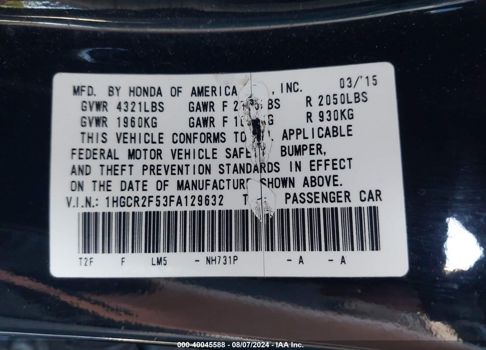 2015 HONDA ACCORD SPORT VIN: 1HGCR2F53FA129632