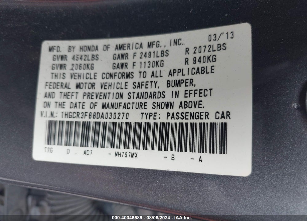 2013 HONDA ACCORD EX-L V-6 VIN: 1HGCR3F88DA030270