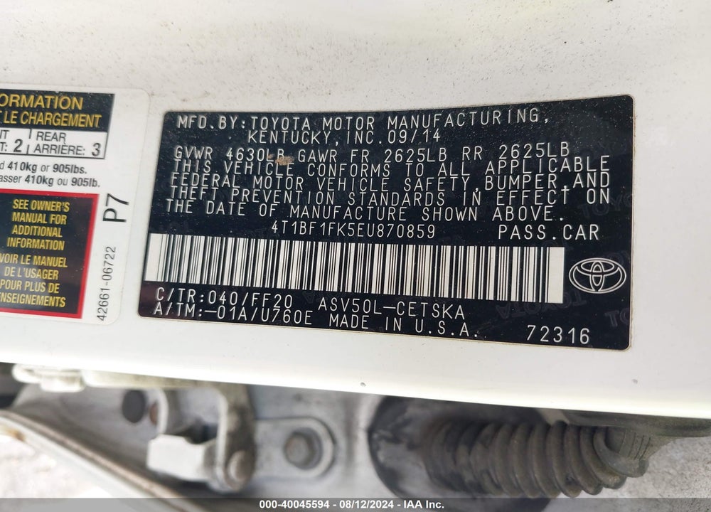 2014 TOYOTA CAMRY SE VIN: 4T1BF1FK5EU870859