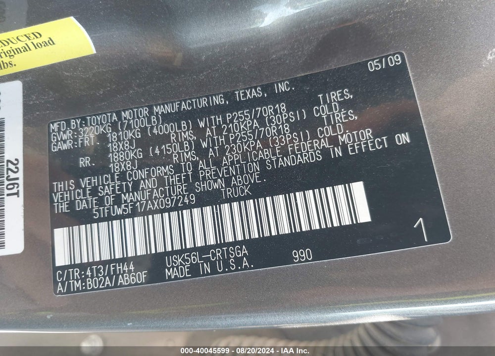 2010 TOYOTA TUNDRA GRADE 5.7L V8 VIN: 5TFUW5F17AX097249
