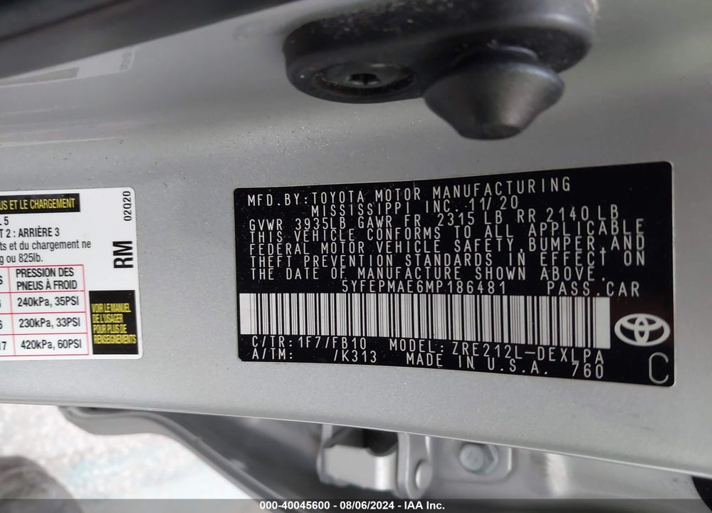 2021 TOYOTA COROLLA VIN: 5YFEPMAE6MP186481