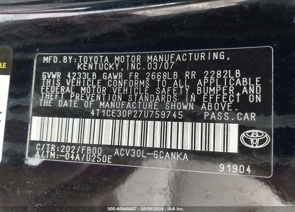 2007 TOYOTA CAMRY SOLARA SE VIN: 4T1CE30P27U759745
