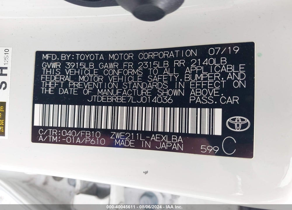 2020 TOYOTA COROLLA HYBRID LE VIN: JTDEBRBE7LJ014036