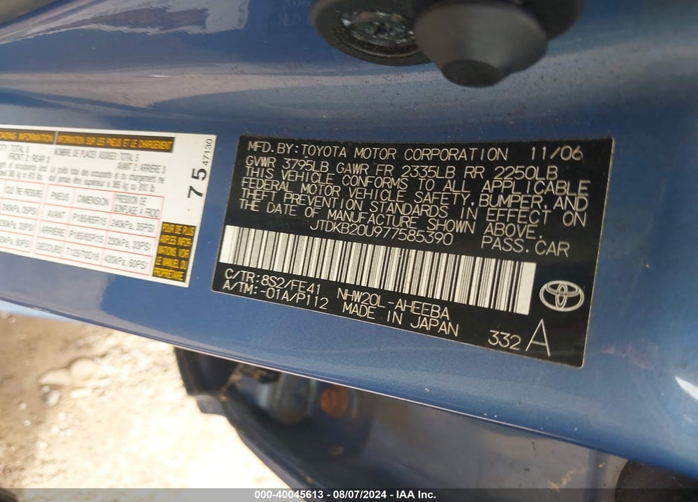 2007 TOYOTA PRIUS VIN: JTDKB20U977585390