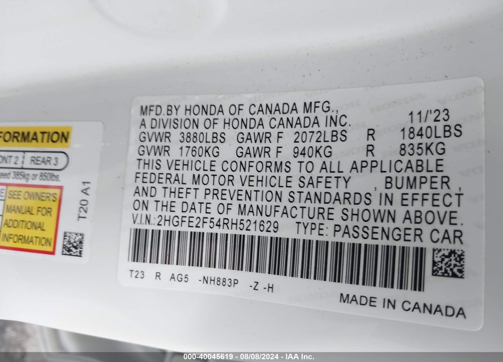2024 HONDA CIVIC SPORT VIN: 2HGFE2F54RH521629