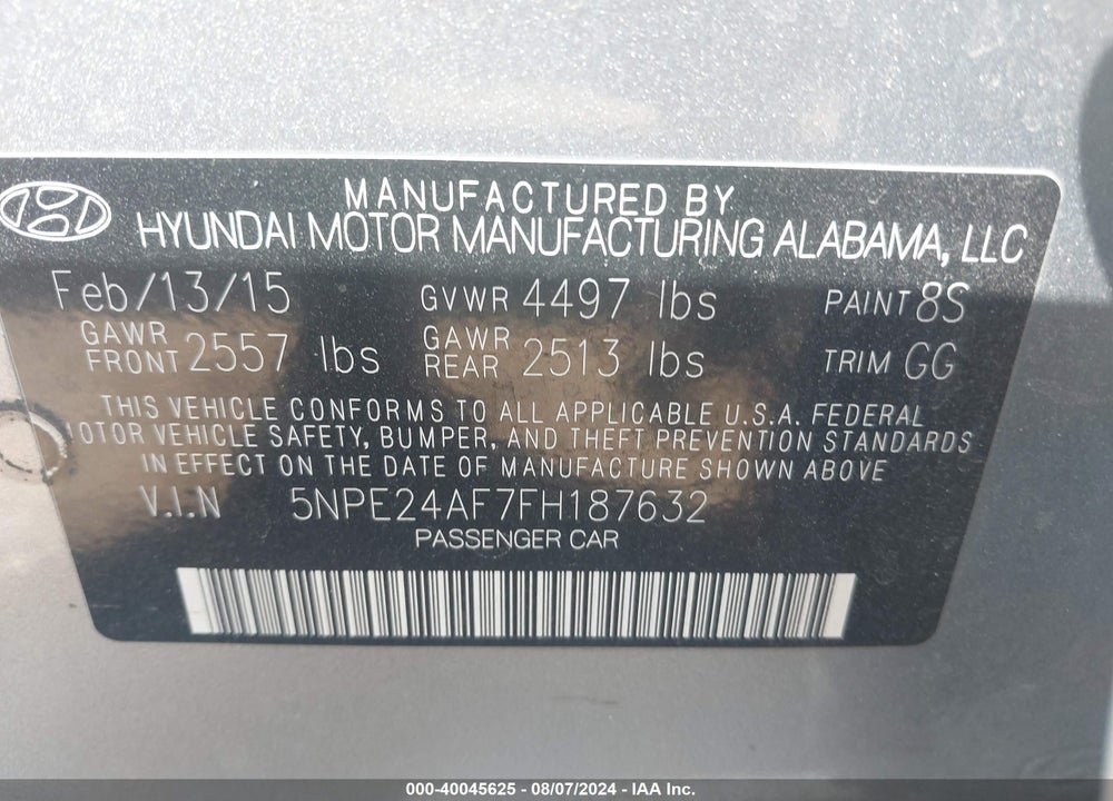 2015 HYUNDAI SONATA SE VIN: 5NPE24AF7FH187632