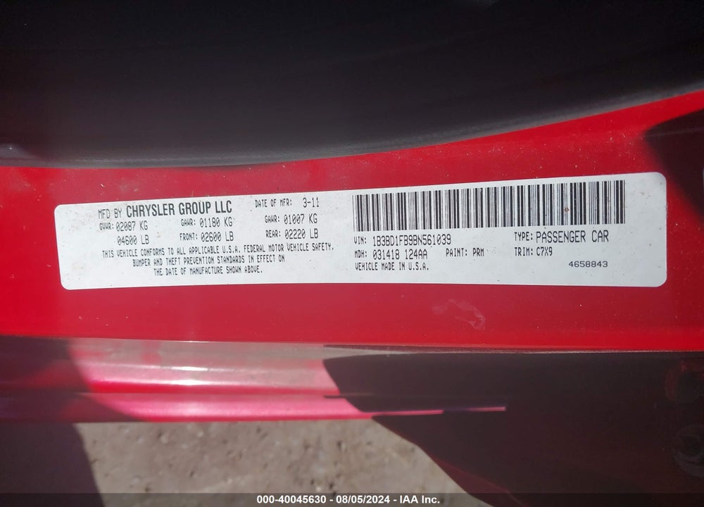2011 DODGE AVENGER MAINSTREET VIN: 1B3BD1FB9BN561039