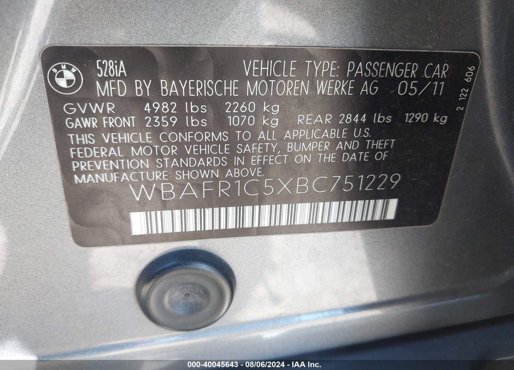 2011 BMW 528I VIN: WBAFR1C5XBC751229
