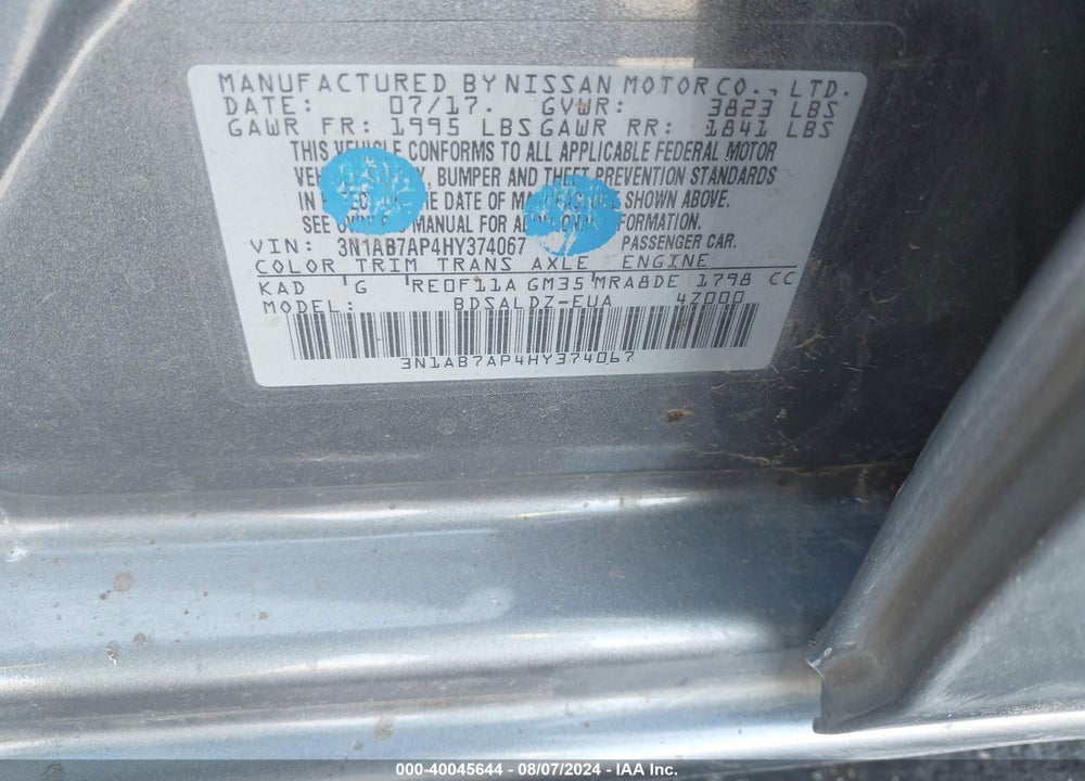 2017 NISSAN SENTRA SV VIN: 3N1AB7AP4HY374067