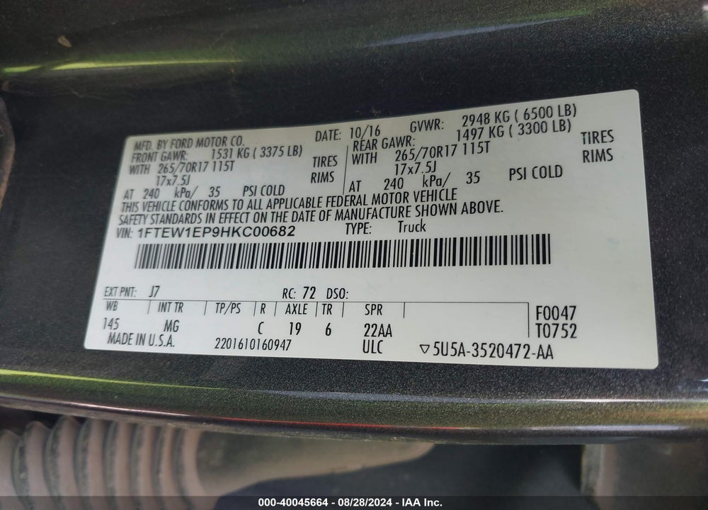 2017 FORD F-150 XLT VIN: 1FTEW1EP9HKC00682