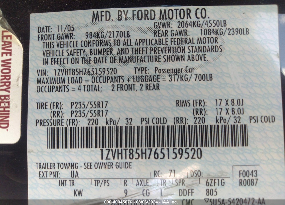 2006 FORD MUSTANG GT VIN: 1ZVHT85H765159520
