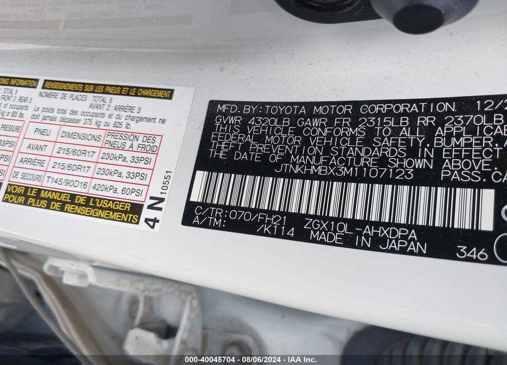 2021 TOYOTA C-HR LE VIN: JTNKHMBX3M1107123