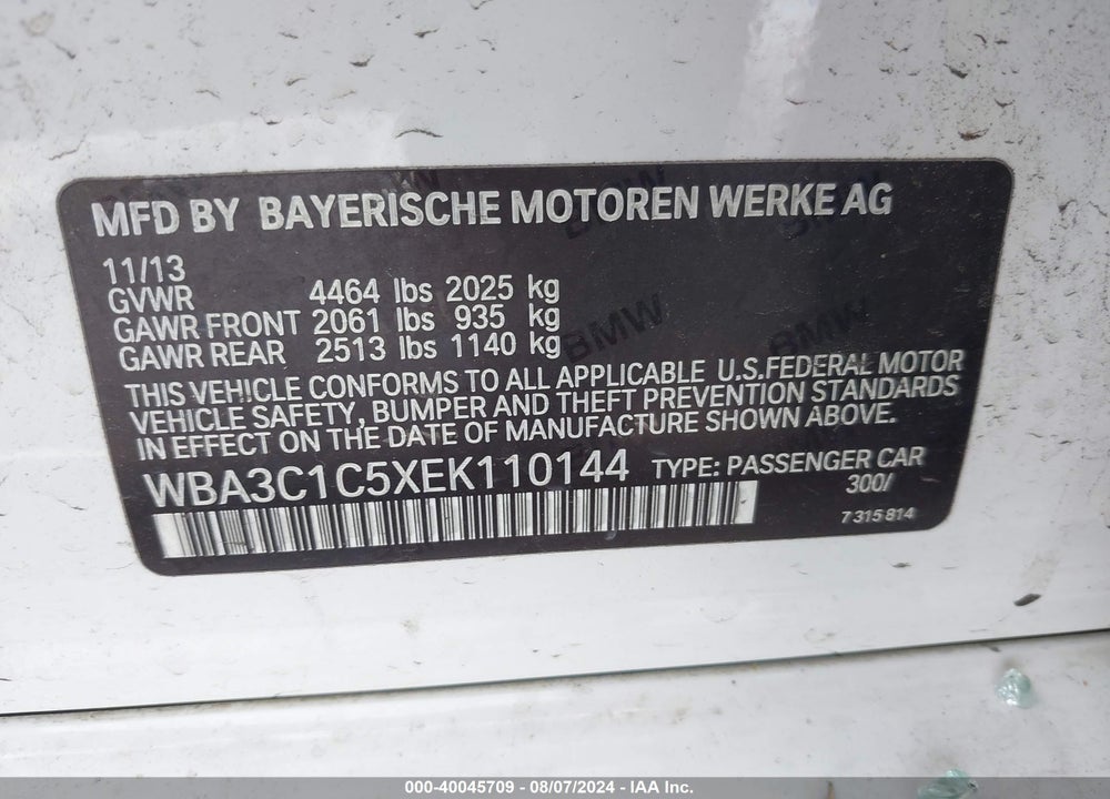 2014 BMW 328I VIN: WBA3C1C5XEK110144