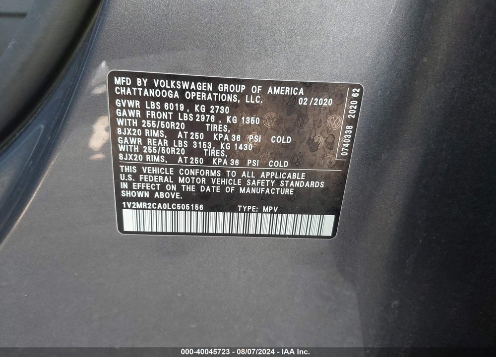 2020 VOLKSWAGEN ATLAS 3.6L V6 SEL VIN: 1V2MR2CA0LC505156