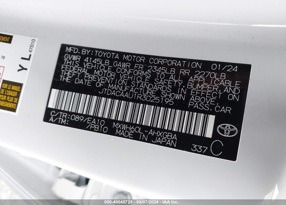 2024 TOYOTA PRIUS XLE VIN: JTDACAAU1R3025195