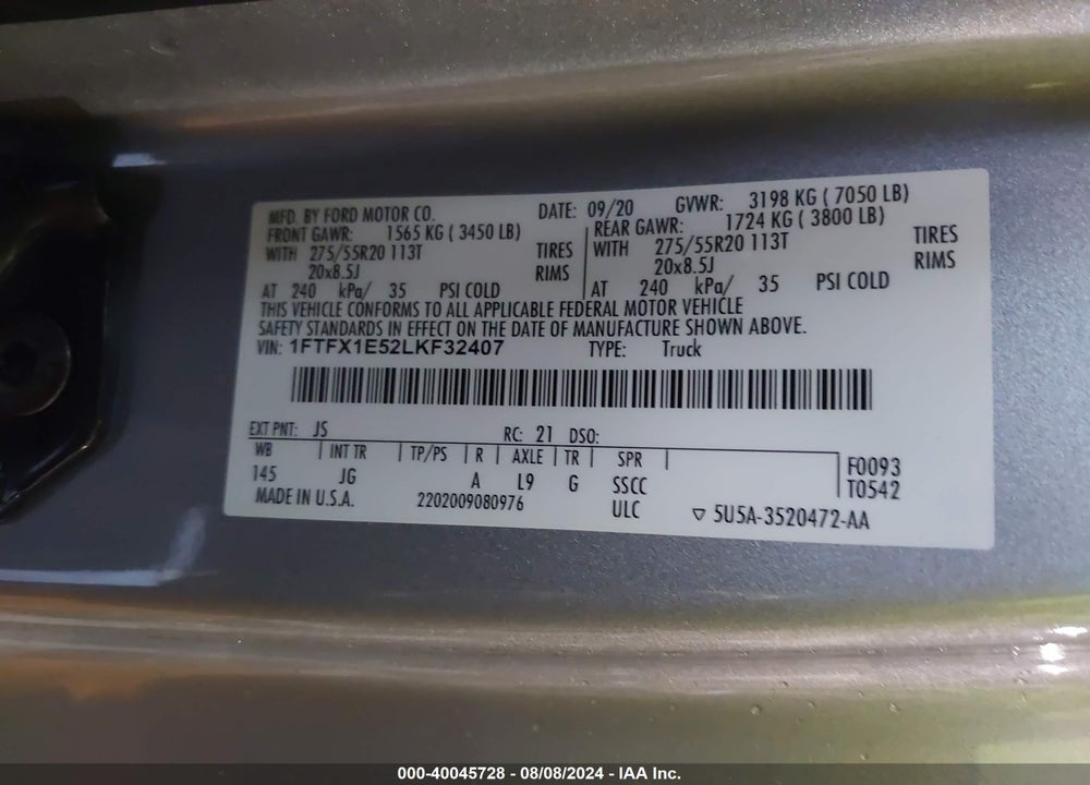 2020 FORD F-150 XL VIN: 1FTFX1E52LKF32407