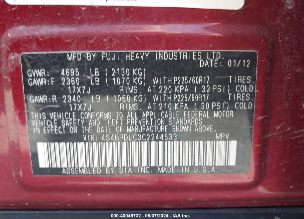 2012 SUBARU OUTBACK 3.6R LIMITED VIN: 4S4BRDLC3C2244533
