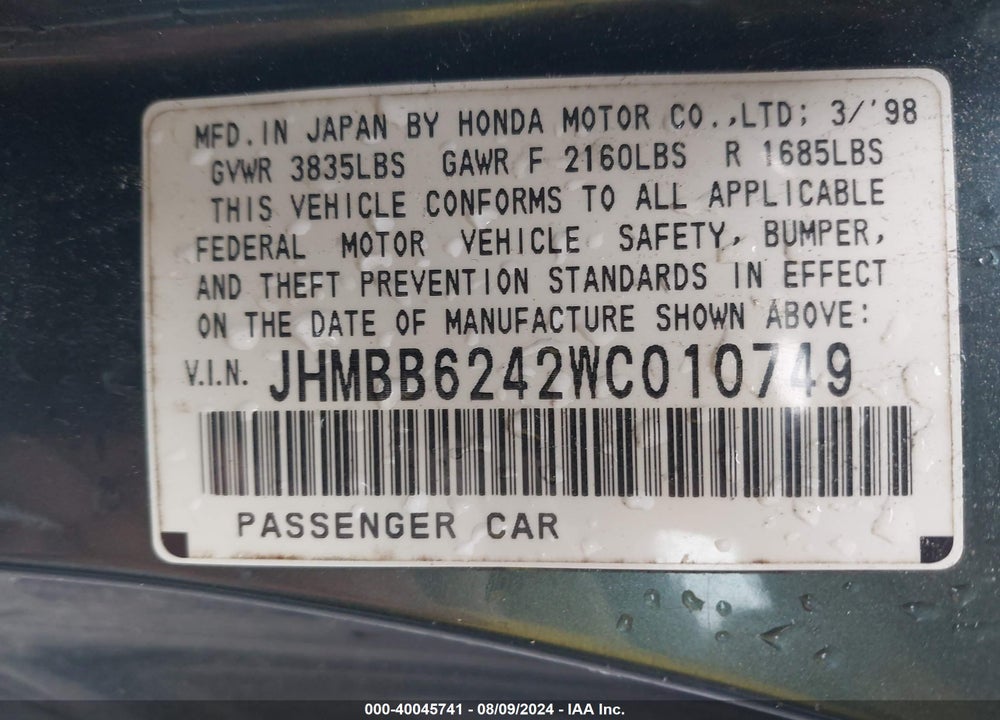 1998 HONDA PRELUDE VIN: JHMBB6242WC010749