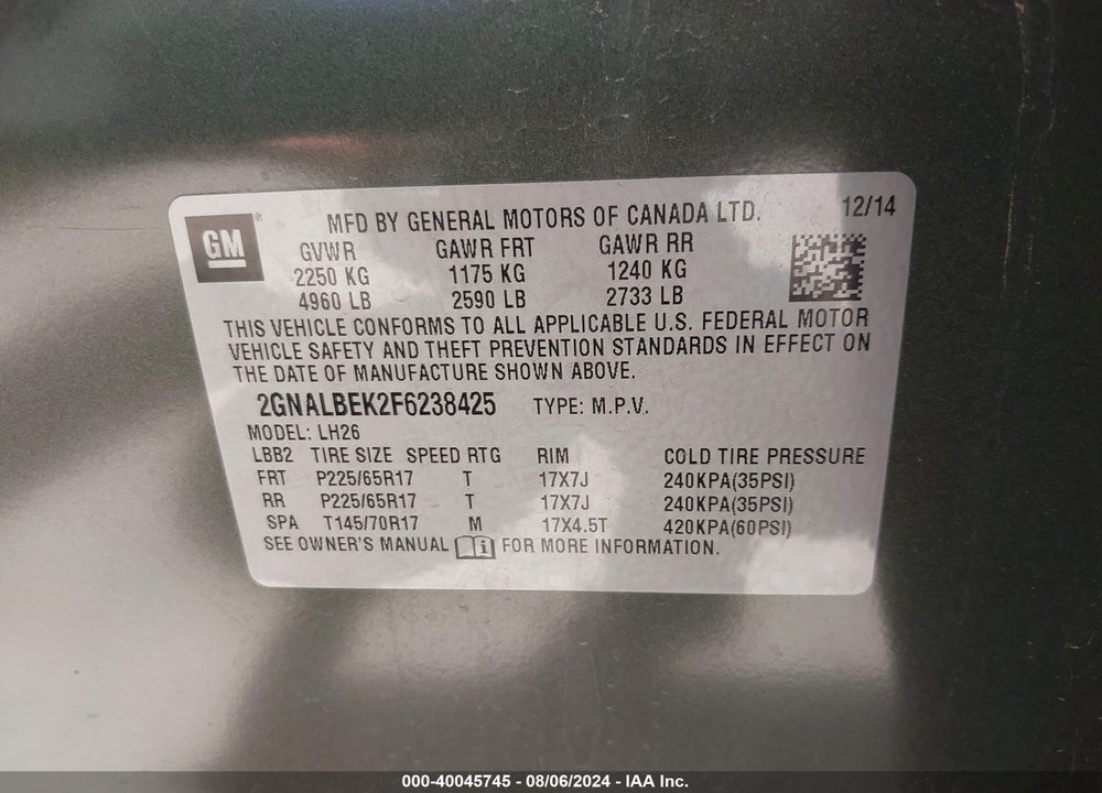 2015 CHEVROLET EQUINOX 1LT VIN: 2GNALBEK2F6238425