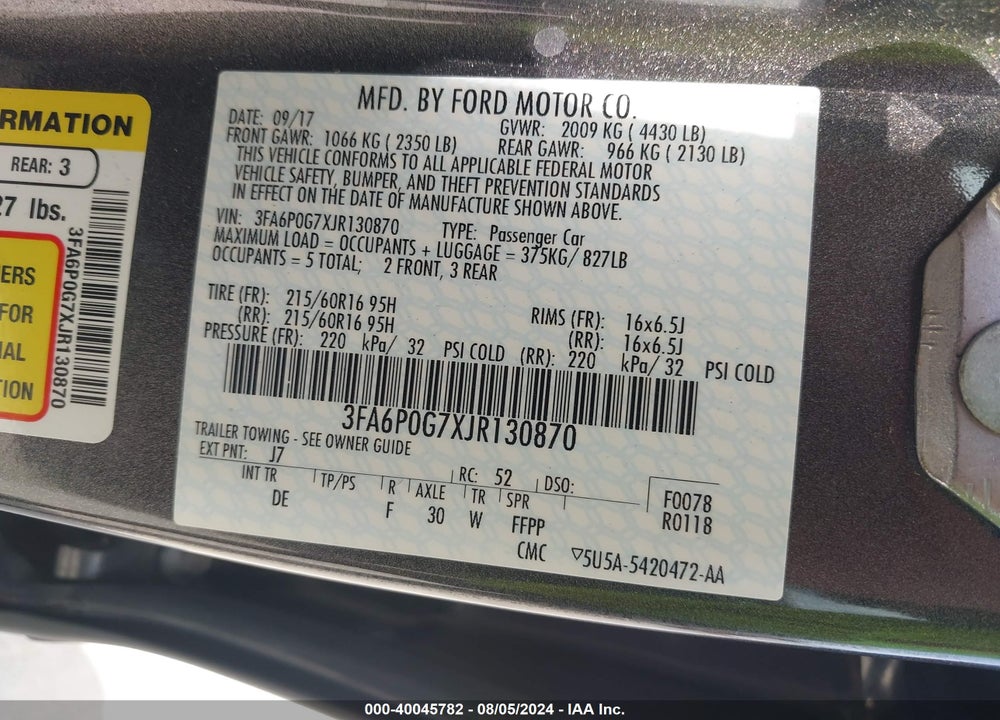 2018 FORD FUSION S VIN: 3FA6P0G7XJR130870