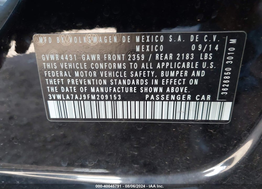 2015 VOLKSWAGEN JETTA 2.0L TDI S VIN: 3VWLA7AJ9FM209153