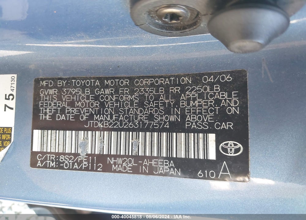 2006 TOYOTA PRIUS VIN: JTDKB22U263177574