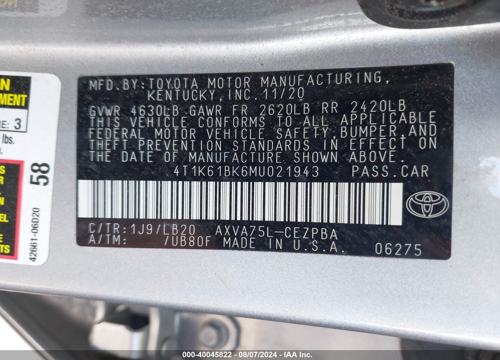 2021 TOYOTA CAMRY XSE AWD VIN: 4T1K61BK6MU021943