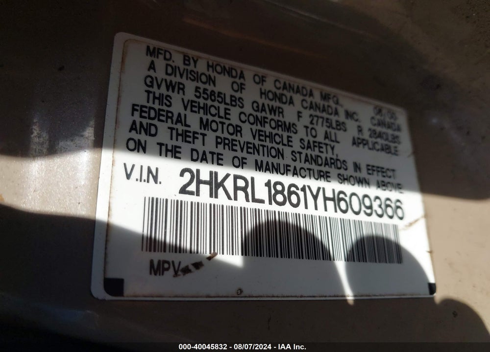 2000 HONDA ODYSSEY EX VIN: 2HKRL1861YH609366